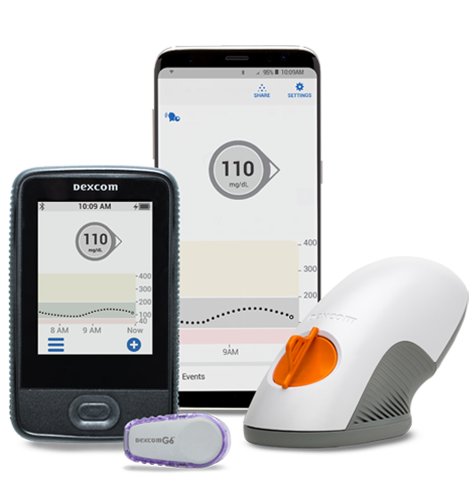 The complete Dexcom G6 GCM system grouped together including the Dexcom device, sensor, applicator, transmitter, receiver and a mobile phone with the Dexcom app open.