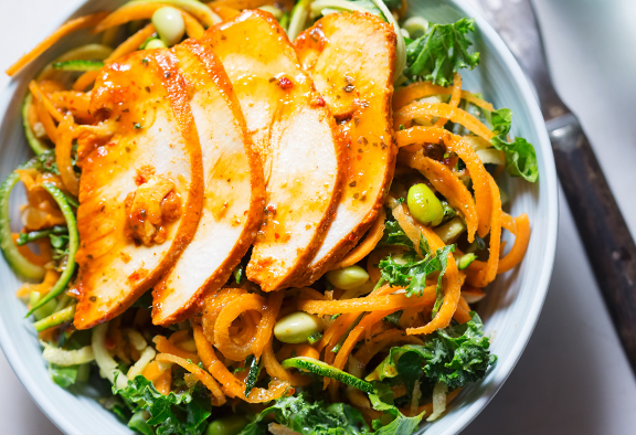 Chicken and Zoodles with bPeanut Sauce