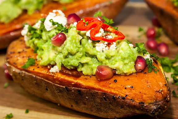 sweet potato skins topped with guacamole